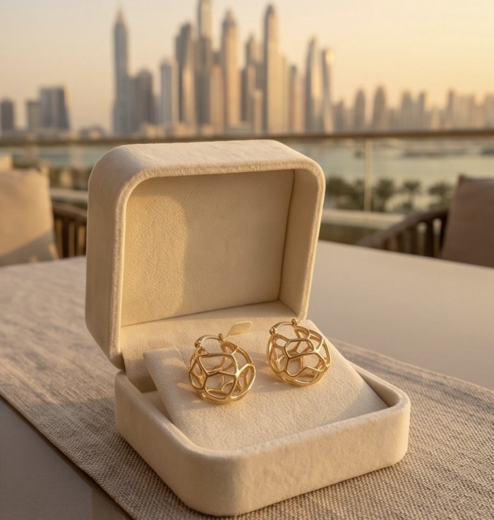 Dubai Style .925 Sterling Silver dipped in 22K Gold handmade Earrings - Gold hoop earrings in box with Dubai skyline in background, sunset lighting.