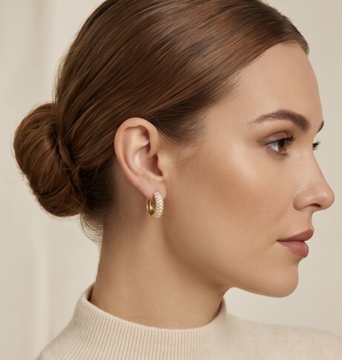 Dubai Style 1.2 carat White Topaz .925 Sterling Silver dipped in 18K Gold handmade Earrings - Side view of woman wearing 1.2 carat white topaz sterling silver earring.