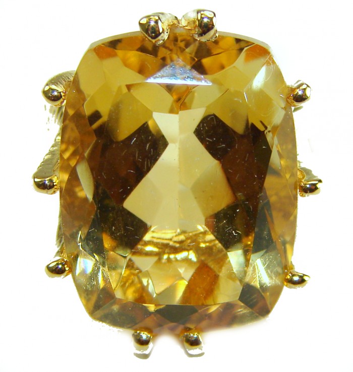 10.8 carat Genuine Lemon Quartz 14K Gold over .925 Sterling Silver handcrafted ring size 6 - Close-up of 10.8 carat lemon quartz in 14K gold over sterling silver setting