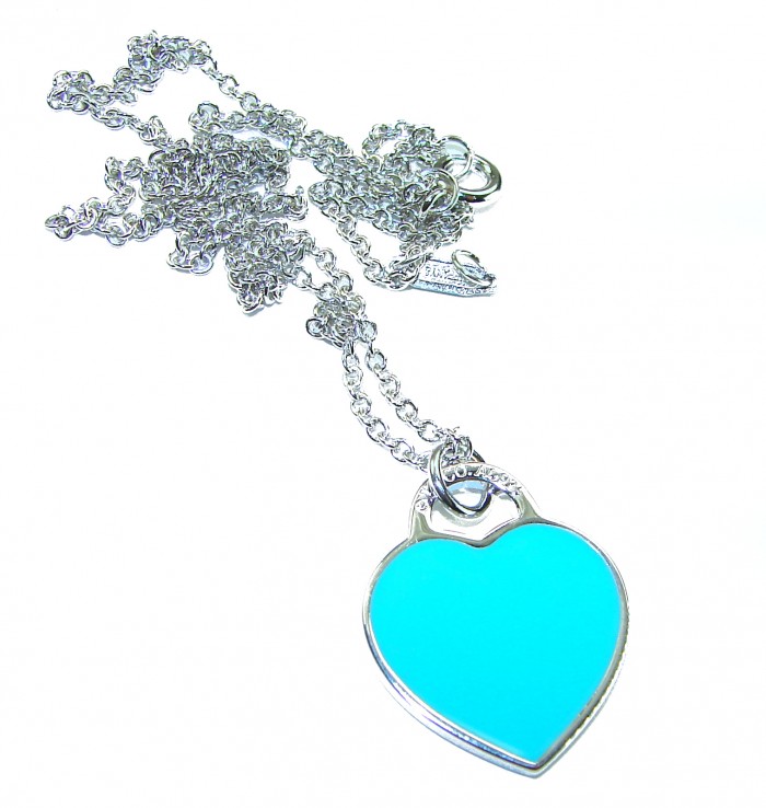 Angel's Heart inlay Turquoise .925 Sterling Silver handcrafted necklace - Heart pendant necklace, turquoise inlay, top view, sterling silver chain.