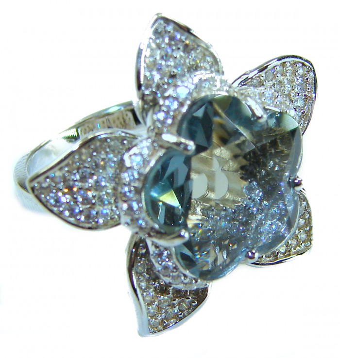 Splendid 10.5 carat Tanzanite .925 Sterling Silver handcrafted Ring size 6 - Side view of flower-shaped Tanzanite sterling silver ring.