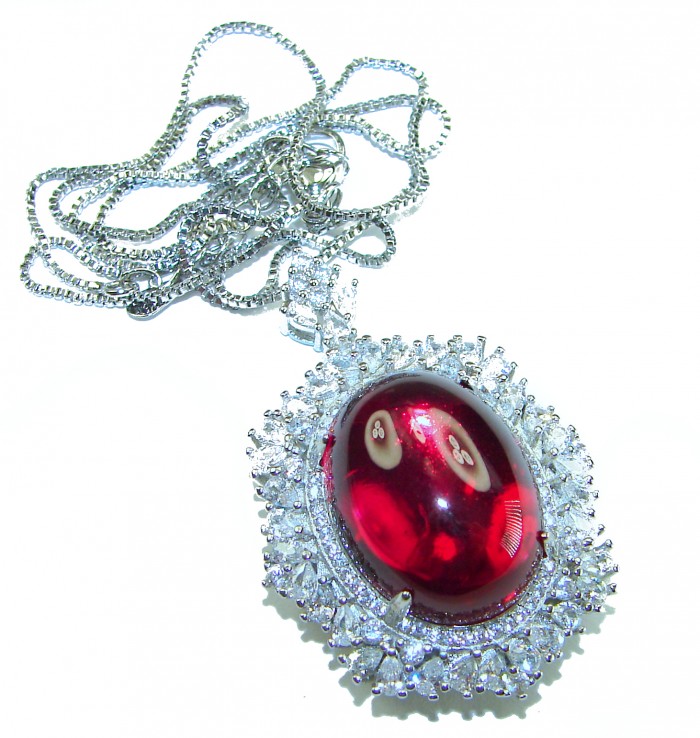 Red Cascade 37.2 carat Star Ruby .925 Sterling Silver .925 Sterling Silver Statement Necklace - Close-up of Star Ruby pendant with sparkling silver chain.