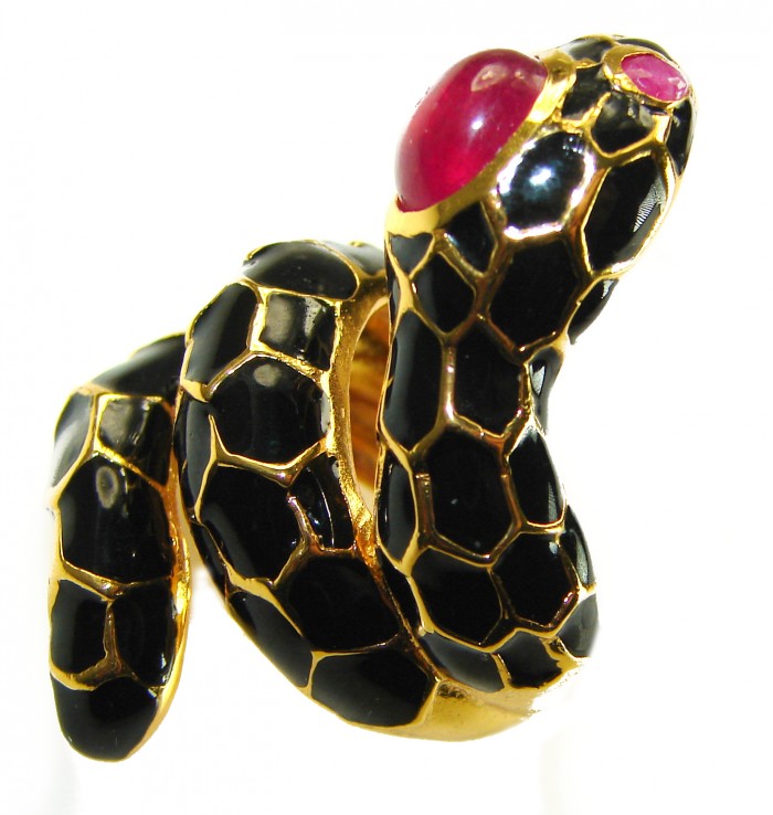 Red Snake Ruby black Enamel 18K Gold over .925 Sterling Silver Huge handcrafted Ring s. 7 - Close-up of snake ring with red stone eyes, black enamel, and gold details.