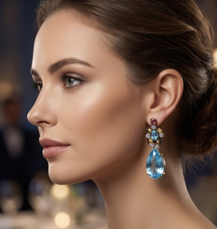 Atlantica 18.7 carat Swiss Blue Topaz BLACK RHODIUM OVER and 18k Gold .925 Sterling Silver Handcrafted Statement earrings - Side view of Atlantica earrings with Swiss Blue Topaz and black rhodium.