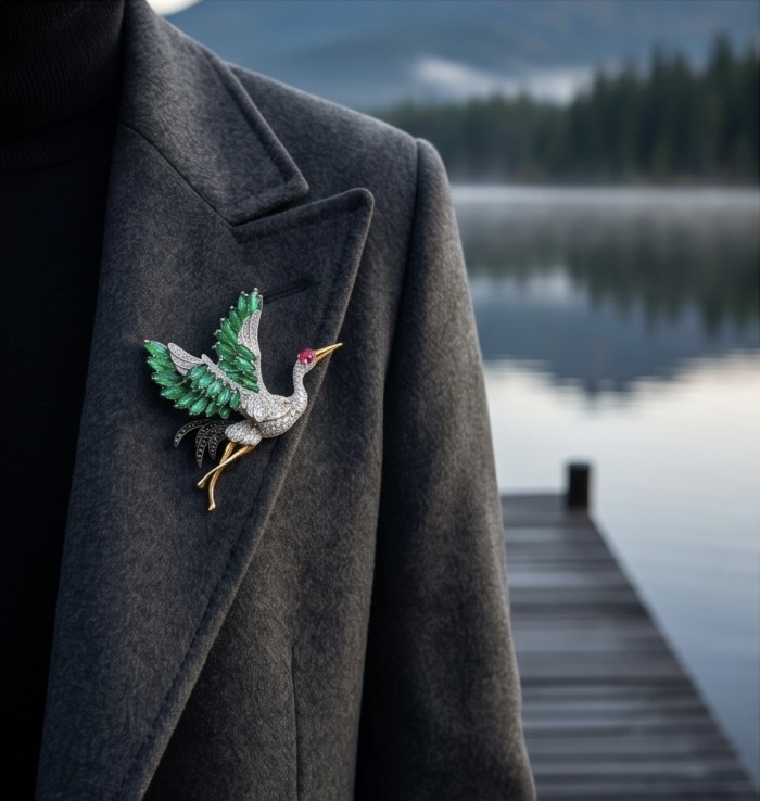 Colorful Precious Heron 24.6 Emerald Ruby Moissanite 2 tones .925 Sterling Silver Pendant Brooch - Heron brooch with emeralds and rubies, worn on a coat, close-up view.