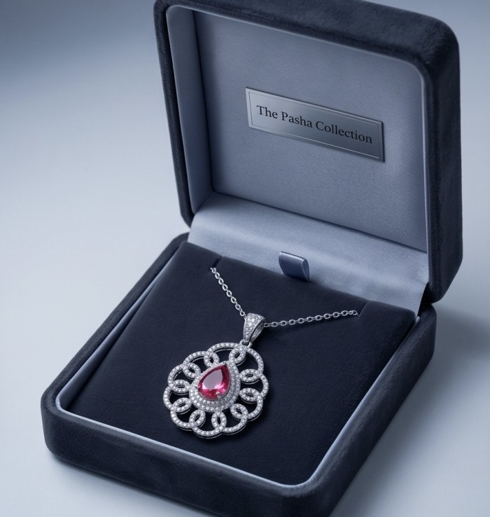 Izabella Luxurious natural 3.9 carat Ruby .925 Sterling Silver handmade necklace - Ruby necklace in box, front view; part of The Pasha Collection