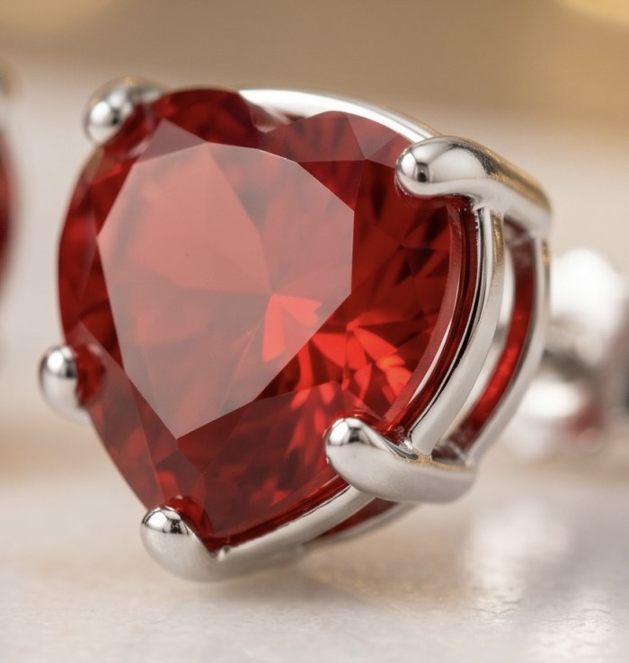 Red Hearts Topaz .925 Sterling Silver handcrafted earrings - Close-up of Red Hearts Topaz in sterling silver setting.