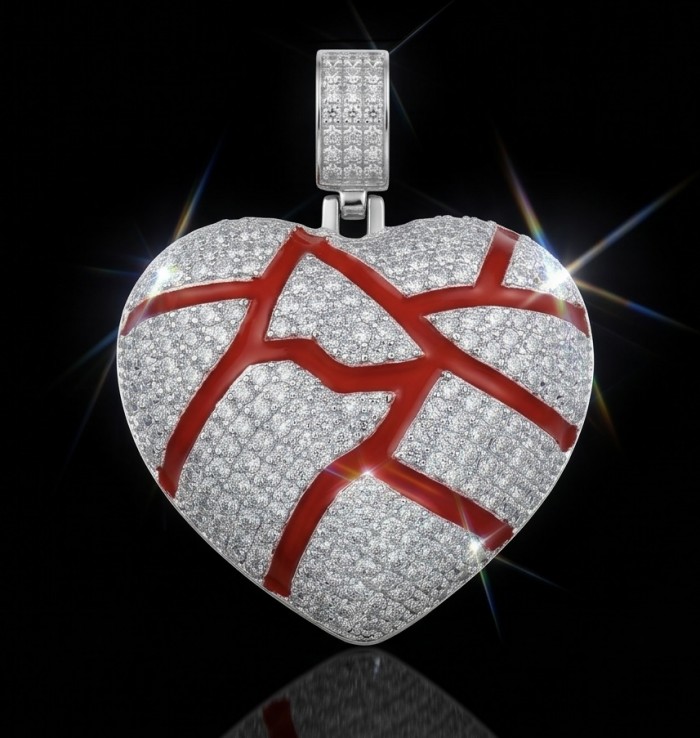 Lava Heart Luxurious 8.4 carat White Topaz .925 Sterling Silver handcrafted pendant - Front view of Lava Heart pendant with red accents and white topaz gems