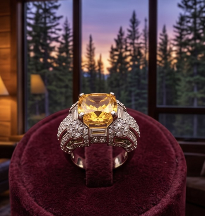 Anastasia 10.2 carat yellow Sapphire .925 Sterling Silver dipped in Rhodium Handcrafted Statement Ring size 6 - Close-up of Anastasia 10.2 carat yellow sapphire ring on display cushion.