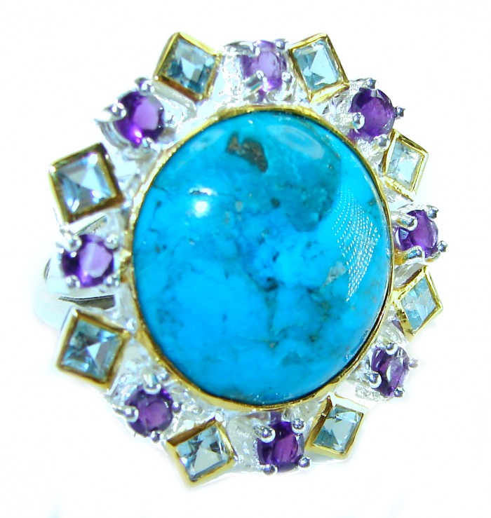 Authentic Parrot's Wing Chrysocolla 2 tones .925 Sterling Silver handcrafted ring size 8 1/4 - photo 2