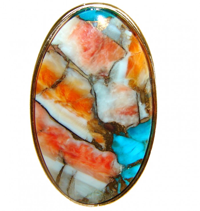 Blessed with Abundance 34.5 carat Oyster Turquoise 18K Gold over .925 Sterling Silver handcrafted Large ring; s. 7 adjustable - Close-up of 34.5 carat Oyster Turquoise stone in 18K gold setting.