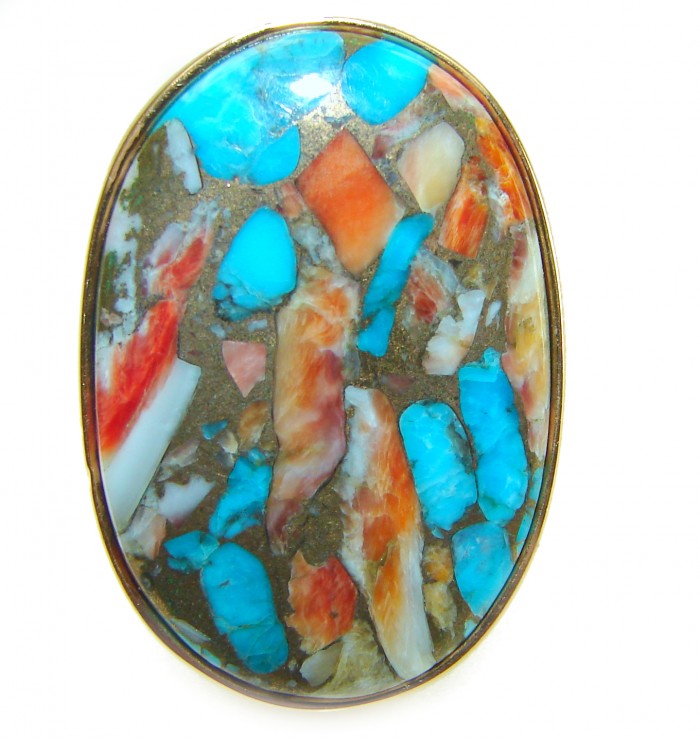 Rare 26.5 carat Oyster Turquoise 18K Gold over .925 Sterling Silver handcrafted Large ring; s. 8 adjustable - Stone close-up of rare 26.5 carat Oyster Turquoise in 18K Gold over .925 Sterling