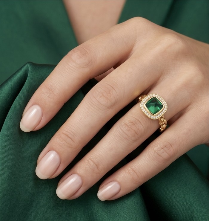 4.9 carat natural Colombian Emerald .925 Sterling Silver diped in 18K Gold handmade Statement Ring size 7 1/4 - Emerald ring worn on hand, green and gold detail.