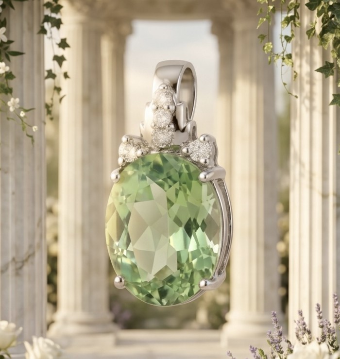 Green Ivy 15.9 carat Green Amethyst - Prasolite .925 Sterling Silver dipped in rhodium handcrafted pendant - Close-up of Green Ivy Amethyst pendant with diamond accents