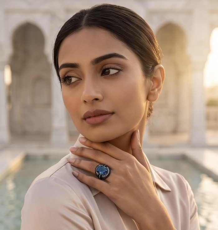 Julietta 18.8 carat London Blue Topaz black rhodium over.925 Sterling Silver handmade Statement Ring size 6 - Side view of Julietta London Blue Topaz ring worn on hand.