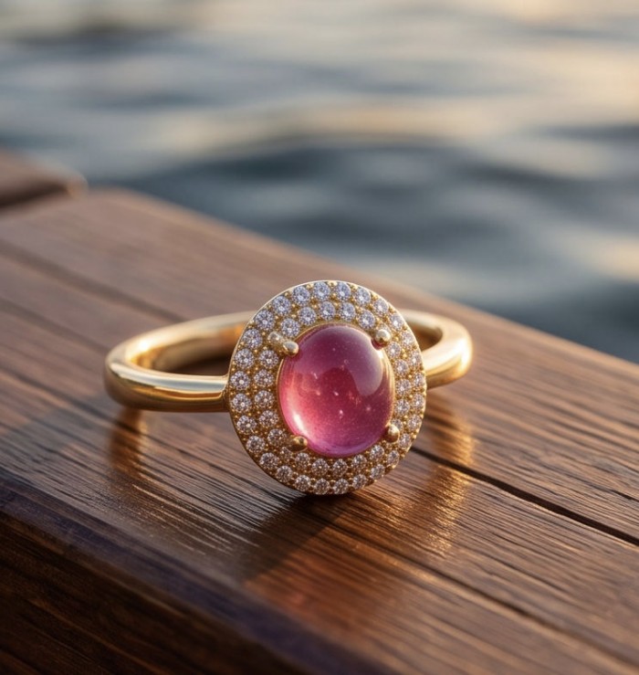 Blooming Garden 3.8 carat Mozambique Ruby rhodium over .925 Sterling Silver handmade Statement Ring size 7 - Close-up of Blooming Garden 3.8 ct Mozambique Ruby ring on wood surface.