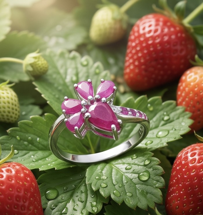 Blooming Garden 3.8 carat Mozambique Ruby rhodium over .925 Sterling Silver handmade Statement Ring size 9 - Ruby ring close-up among dewy strawberry leaves and berries.