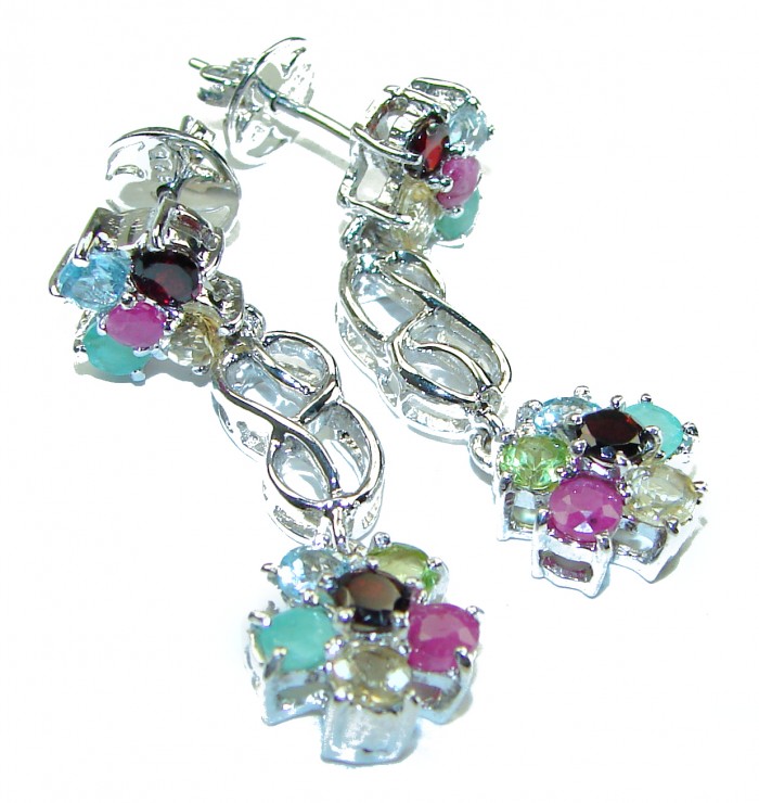 Luxurious Floral design Authentic Ruby Emerald .925 Sterling Silver handcrafted Statement earrings - photo 2