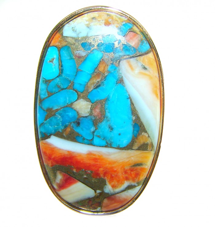 Rare 29.5 carat Oyster Turquoise 18K Gold over .925 Sterling Silver handcrafted Large ring; s. 8 adjustable - Close-up of rare 29.5 ct Oyster Turquoise set in 18K Gold over Sterling.