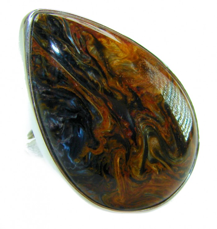 Large 31.8 carat Silky Golden Pietersite .925 Sterling Silver handmade Ring size 7 adjustable - Close-up of a large Silky Golden Pietersite stone in sterling silver.