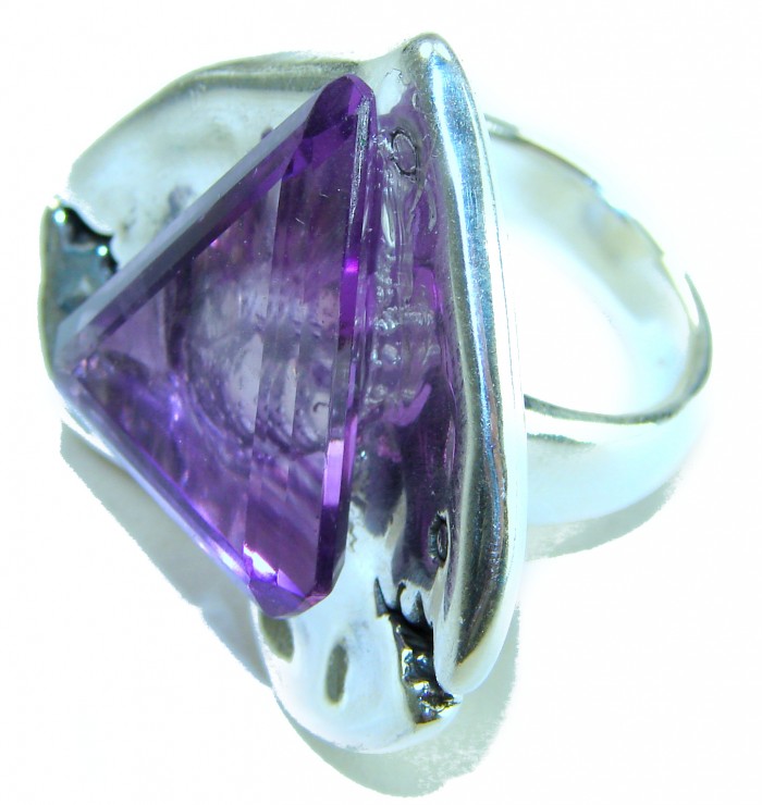 Large Heart Genuine 17.5 CARAT Amethyst .925 Sterling Silver Large Statement Ring size 7 - Close-up of amethyst heart ring in .925 sterling silver setting.