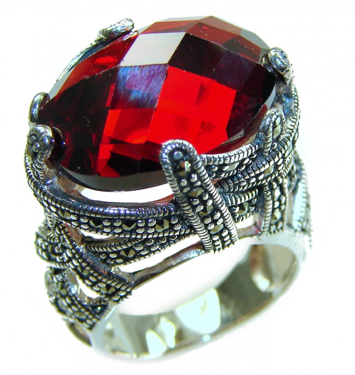 Bella Rosa Natural 28.4 carat Ruby Marcasite .925 Sterling Silver handmade Large Statement Ring size 7 3/4 - Close-up of Bella Rosa ruby ring with marcasite and sterling silver details