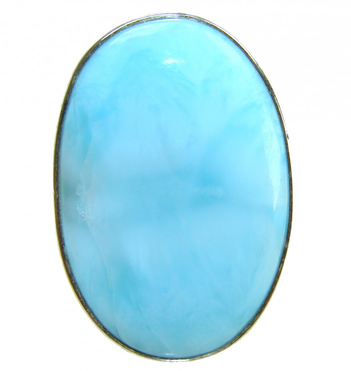 Large Blue Perfection Blue Larimar .925 Sterling Silver handmade Large ring size 7 - Close-up of large blue Larimar stone in sterling silver setting.