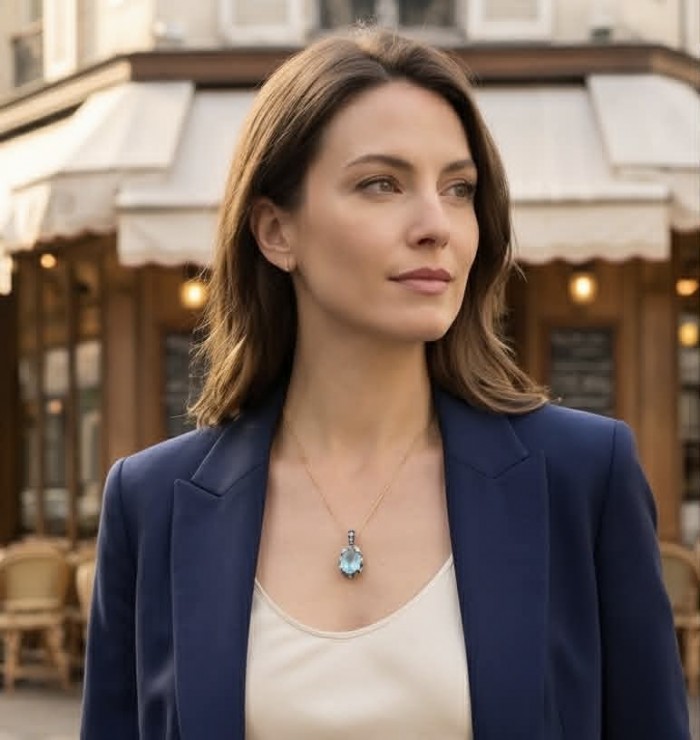 Atlantica 34.4 carat fancy oval cut Swiss Blue Topaz 18K Gold over Enamel .925 Sterling Silver handcrafted Handcrafted Pendant - Woman wearing Atlantica blue topaz necklace in street setting.