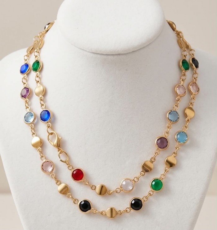 Tutti Frutti 14.5 carat Multigem 14K Gold over .925 Sterling Silver handcrafted Statement necklace - Multigem 14K gold necklace on display stand, front view.