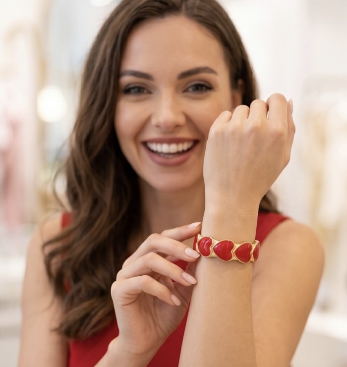 Ten Hearts Red Enamel Vintage style Luxurious Golden Hinge Bangle Bracelet - photo 1