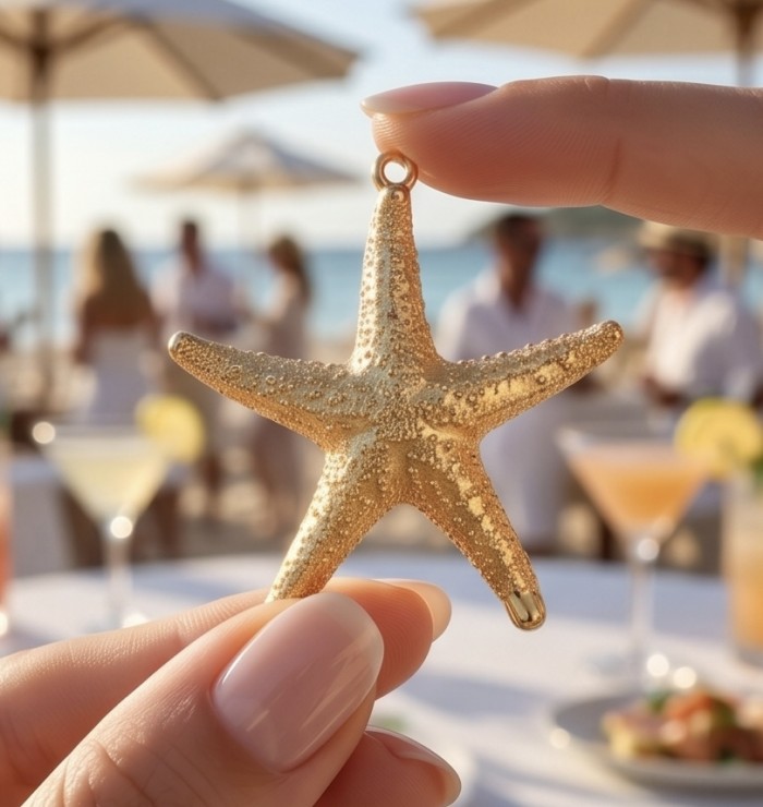 Stylish REAL Starfish Coved with Sterling Silver and 14K & .925 Sterling Silver Pendant - Close-up of gold starfish pendant held between fingers at a beach party.