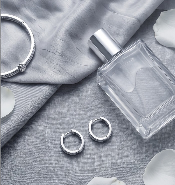 Allure Natural 2.2 carat White Topaz .925 Sterling Silver handcrafted hoop earrings - Top view of Allure jewelry set with bottle and petals on gray fabric.