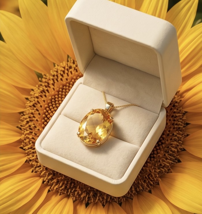 Luxury genuine 39.7 CARAT oval fancy cut Champagne Topaz .925 Sterling Silver dipped in 22K Gold handmade Pendant - Champagne Topaz pendant in box on sunflower, top view.