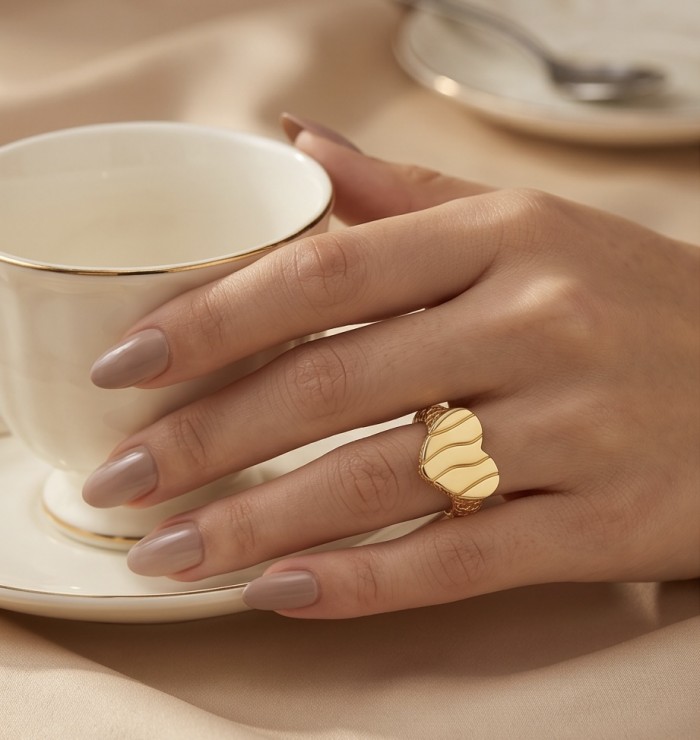 Dubai Style - Golden Heart .925 Sterling Silver dipped in 22K Gold handmade ring size 7 1/4 - Worn on hand: Golden Heart ring on .925 Sterling Silver, coffee cup nearby