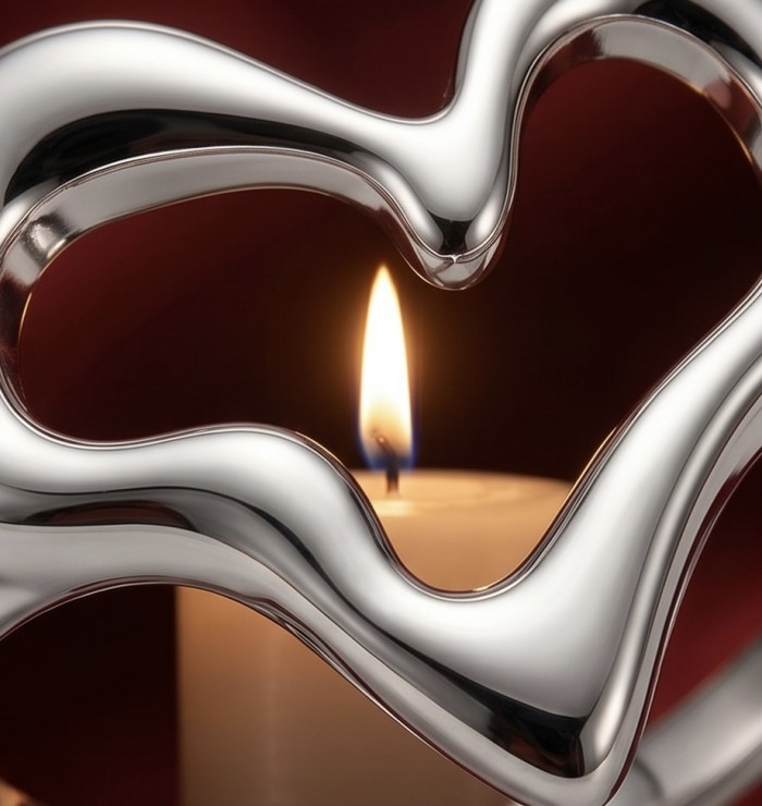 Heart - .925 Sterling Silver Handcrafted Statement Ring size 7 - Close-up of silver heart-shaped ring with candle flame in background.