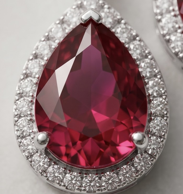 Royalty 8.2 carat Ruby .925 Sterling Silver .925 Sterling Silver Statement earrings - Close-up of 8.2 carat ruby with diamond halo in sterling silver setting.