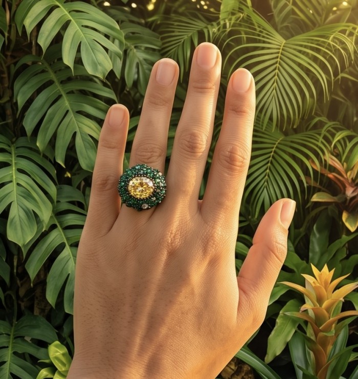 Isabel 18.8 carat Genuine Lemon Quartz Chroem Diopside .925 Sterling Silver handcrafted ring size 7 1/4 - Isabel ring with lemon quartz, chrome diopside, worn on hand.