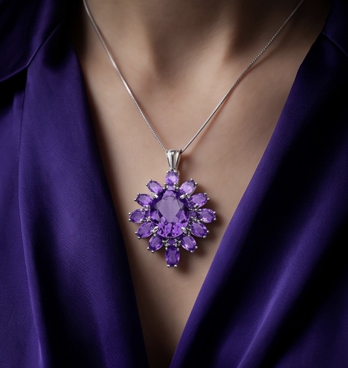 Authentic 12.5 carat Brazilian Amethyst rhodium over .925 Sterling Silver handcrafted Statement Pendant - Amethyst necklace worn on neck, showcasing pendant detail.