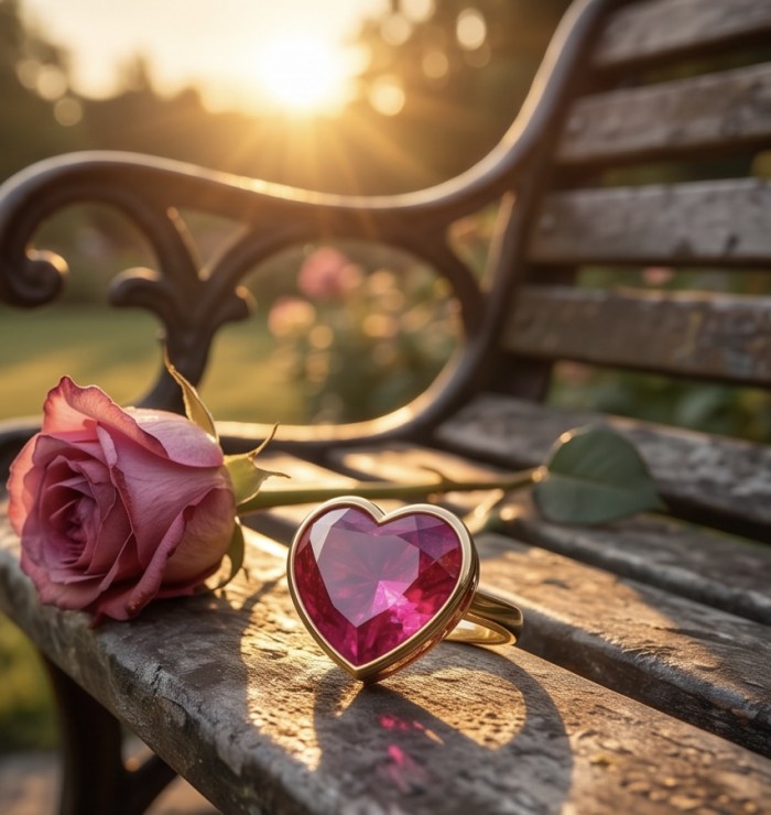 Always on my Mind Natural heart shape 22.7 carat Ruby .925 Sterling Silver dipped in 22K Gold handmade Statement Ring size 8 - Heart-shaped ruby ring on bench with rose in sunset backdrop.