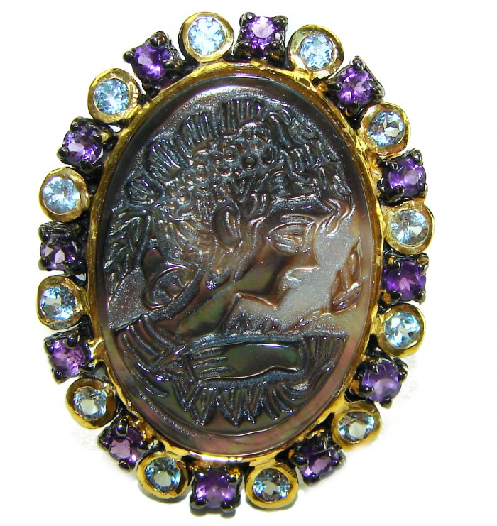 Vintage design Genuine Cameo Rainbow Abalone black rhodium over .925 Sterling Silver handcrafted Large ring; s. 8 1/2 - photo 2