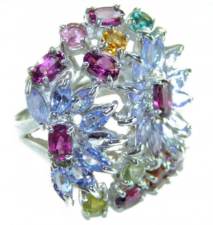 Summer Garden 28.2 carat natural Tanzanite .925 Sterling Silver handcrafted Ring size 7 1/4 - Close-up of a vibrant gemstone cluster ring in sterling silver.