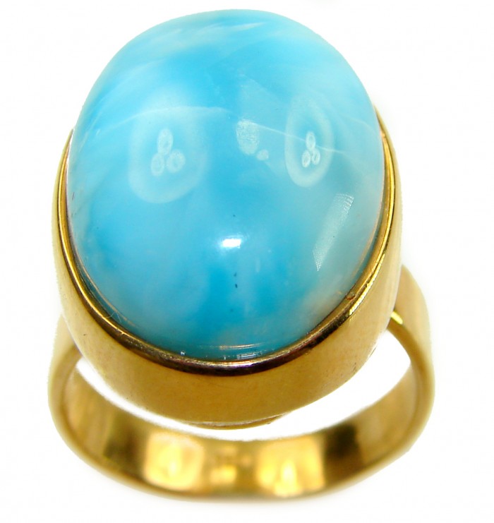 Blue Perfection AAAA QUALITY Blue Larimar 18K Gold over .925 Sterling Silver handmade Large ring size 8 adjustable - Close-up of Blue Larimar stone in 18K gold ring setting.