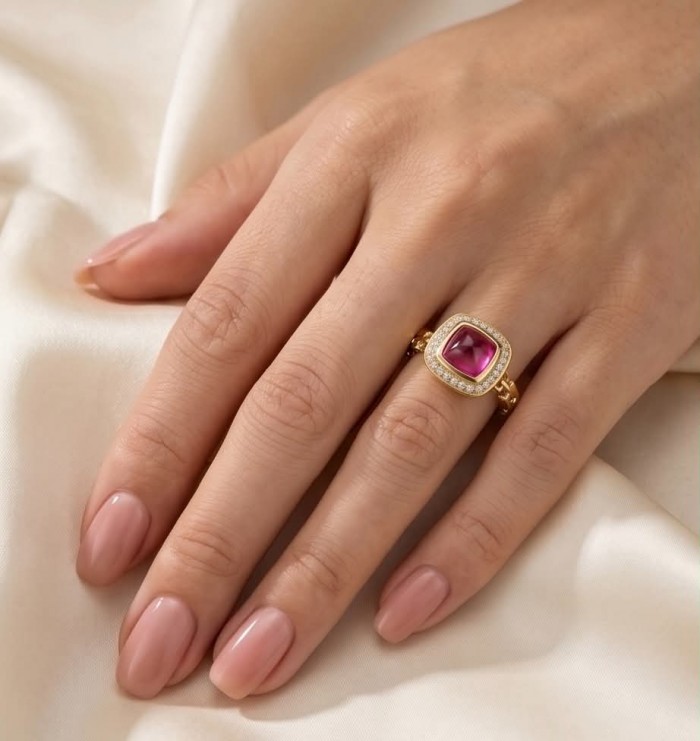 Bella Rosa Natural fancy cut 2.1 carat Pink Tourmaline 18K Gold over .925 Sterling Silver handmade Statement Ring size 6 - Pink Tourmaline 18K gold ring worn on hand, top view.