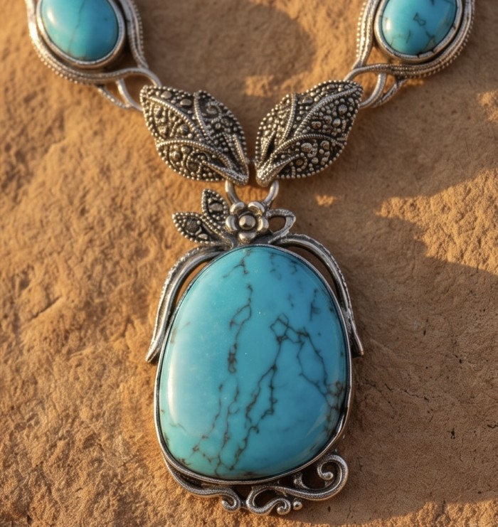 Luxurious Design genuine Turquoise Marcasite .925 Sterling Silver handcrafted Necklace - Turquoise and marcasite pendant, close-up, on textured background