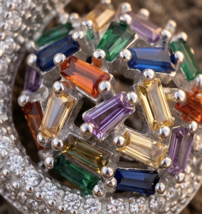 Sofia 14.5 carat Brazilian multicolor Sapphire pave White Topaz .925 Sterling Silver handmade Pendant - Close-up of multicolor sapphire stones set in a pavé white setting.