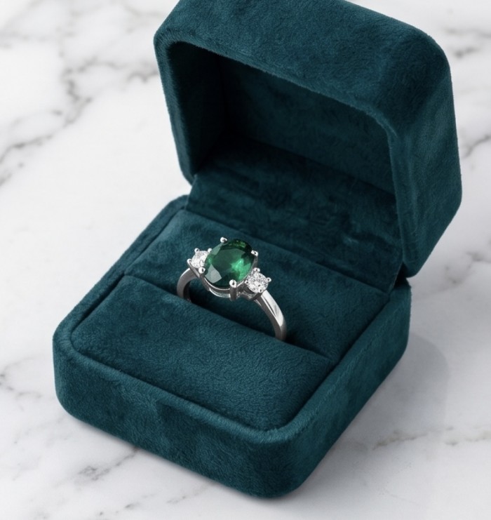 3.4 carat natural Colombian Emerald .925 Sterling Silver handmade Statement Ring size 7 - Emerald ring in velvet box, angled view.