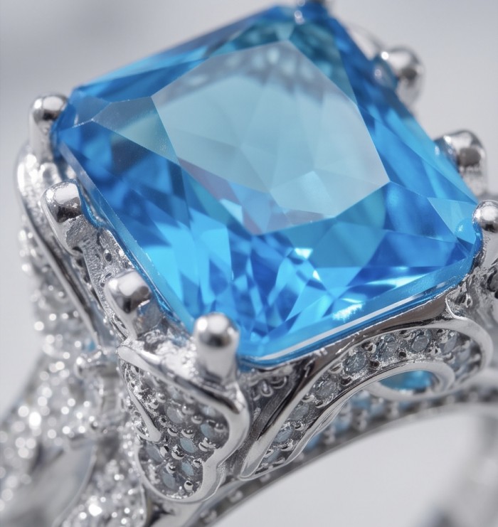 Blue OCEAN 14.3 carat Swiss Blue Topaz .925 Sterling Silver dipped in rhodium handcrafted ring size 8 1/4 - Close-up of blue topaz ring in sterling silver setting