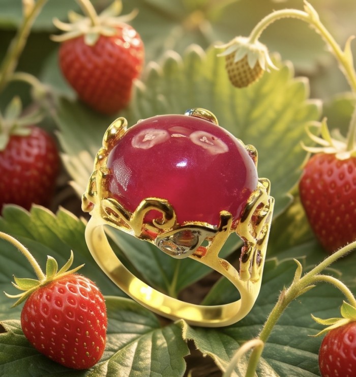 Giovanna 16.6 carat Kashmir Ruby .925 Sterling Silver dipped in 22K Gold handmade Statement Ring size 7 - Close-up of Giovanna 16.6 carat Kashmir Ruby ring among strawberries