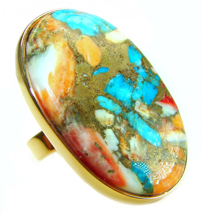 Rare 31.5 carat Oyster Turquoise 18K Gold over .925 Sterling Silver handcrafted Large ring; s. 8 adjustable - Stone close-up of rare 31.5 carat Oyster Turquoise in gold setting.