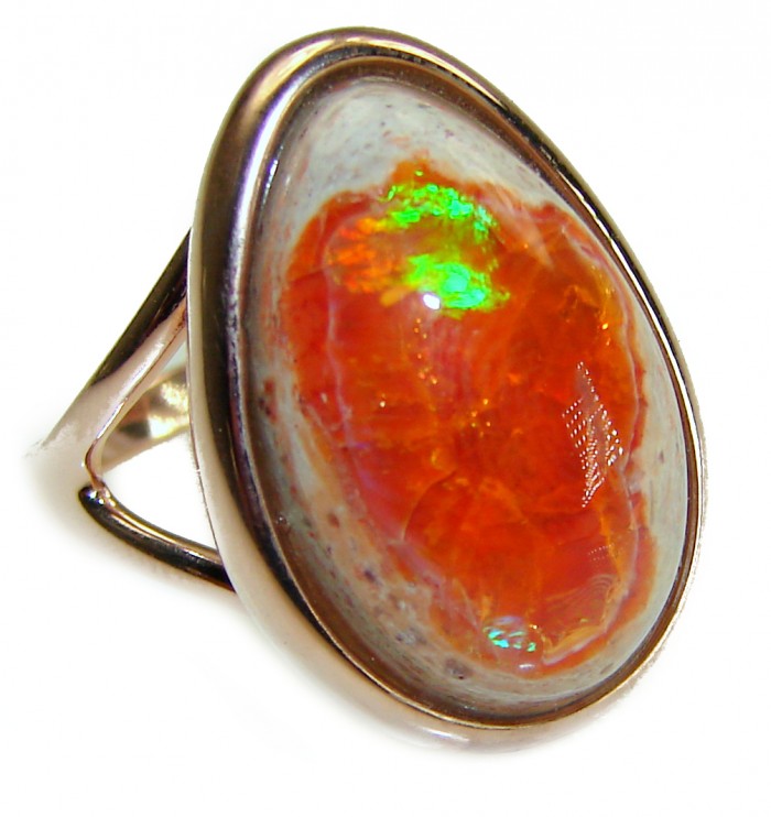 Bonfire Night best quality 12.5 carat Mexican Opal 18K Gold over .925 Sterling Silver handmade ring 8 - Mexican opal ring in 18K gold, side view close-up of stone.
